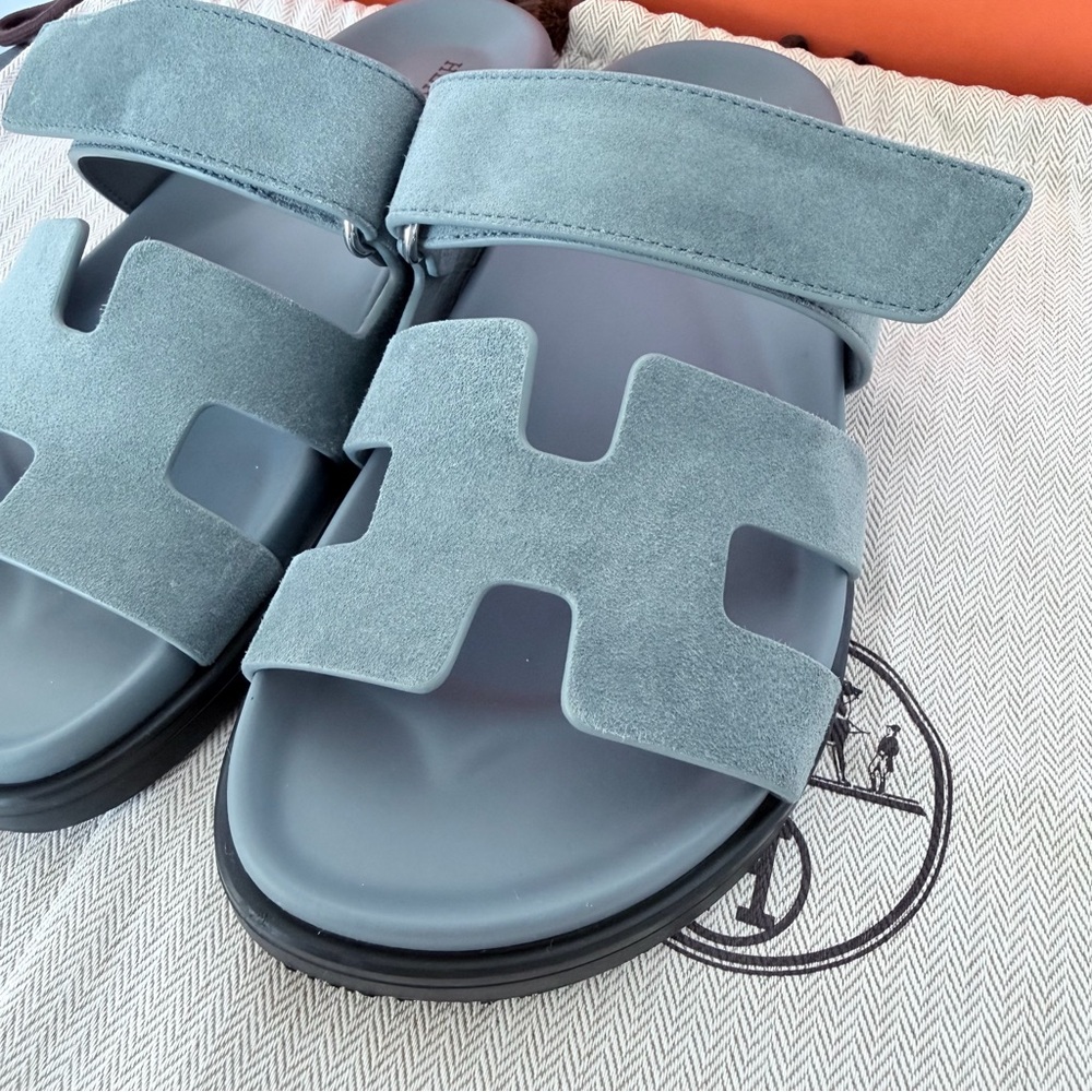 Hermes Chypre Techno Sandals Bleu Tonnerre Velvet Suede Goat Leather Size 35.5 - Picture 4 of 13